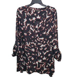 Apt. 9 Woman's Black White Red Abstract Semi Sheer Roll Tab Shirt Plus Size 2X